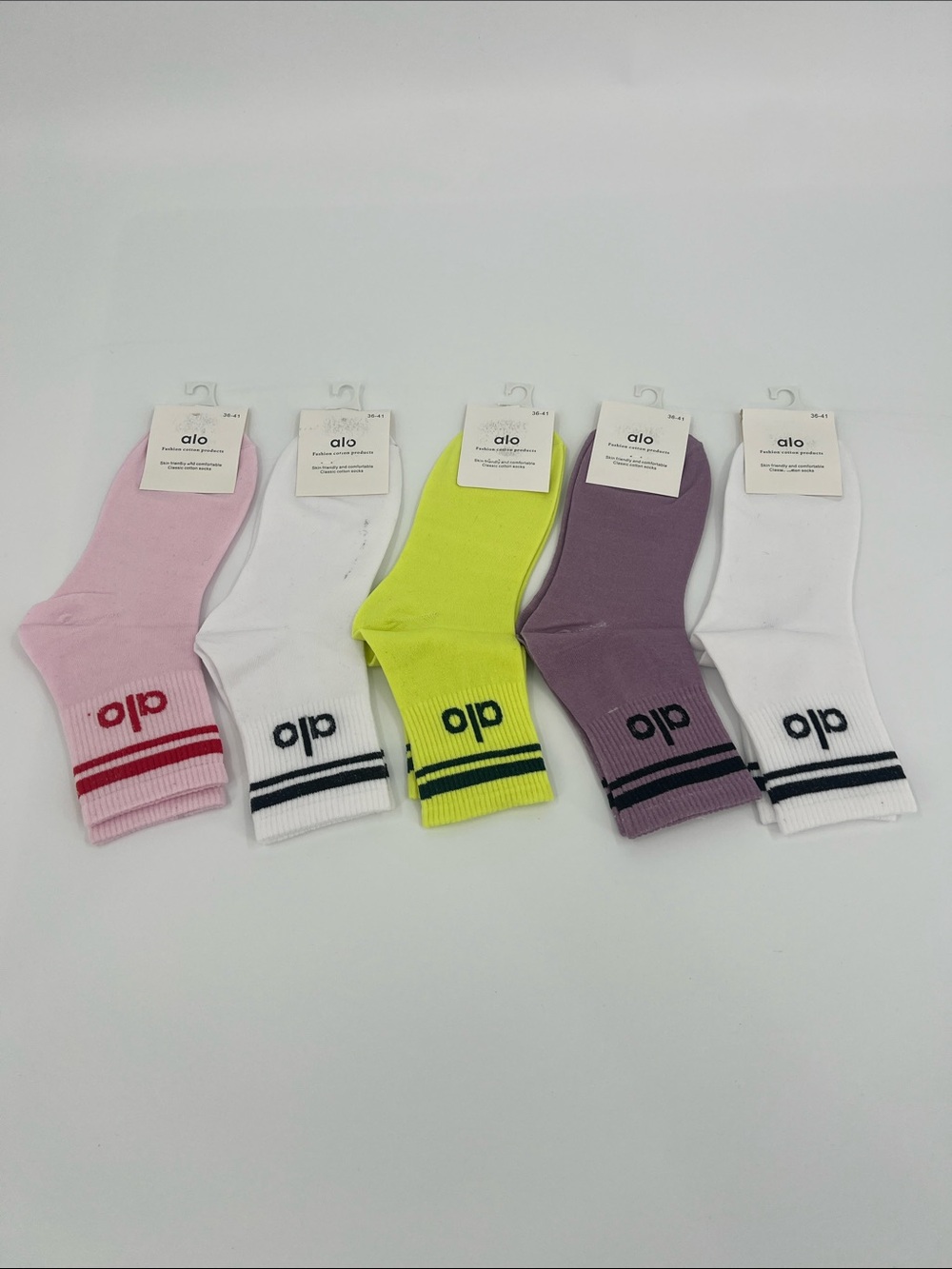 ALO Yoga 5 Pieces Women's Low Crew Socks - Pink, White, Neon Yellow, Purple